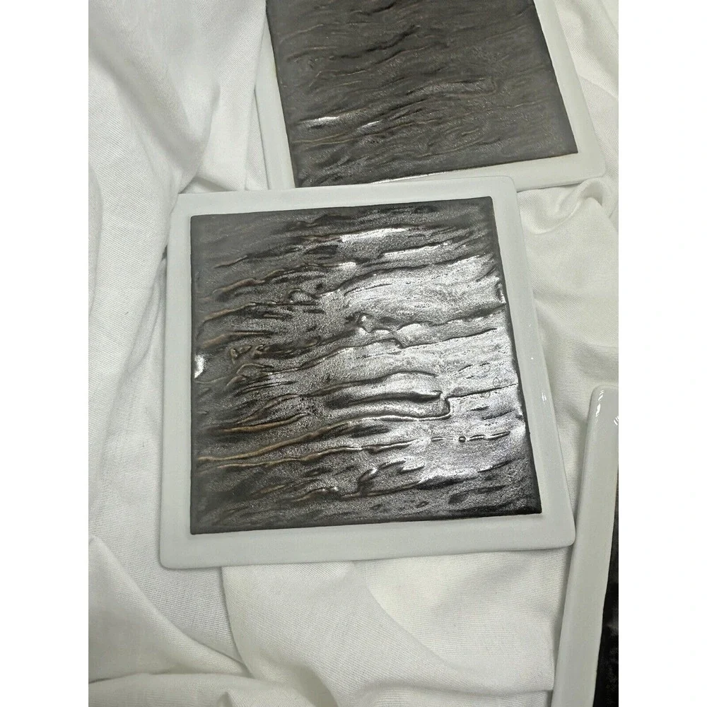 Tuxton Square Ceramic Appetizer Plates Set of 6 White Bronze Textured Rippled